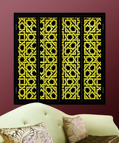Arabic pattern black window shutters with yellow lights