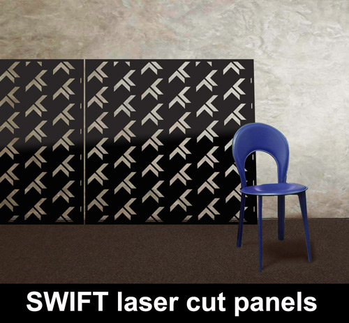SWIFT laser cut metal panels in BLACK with BLUE chair